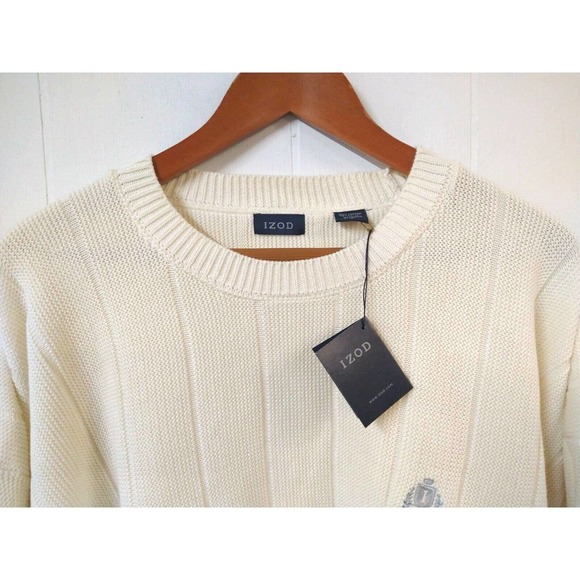 Izod Men LG Sweater NWT Ivory Long Sleeves Crew Neck Banded Waist & Sleeves Logo - Picture 4 of 6